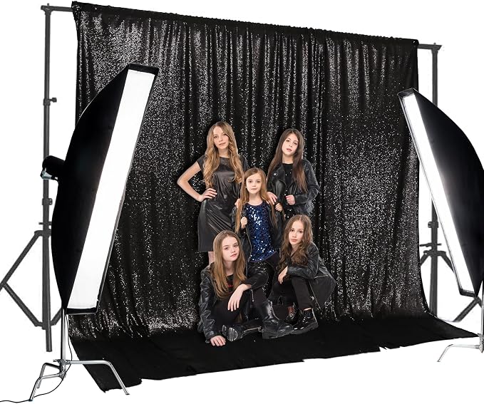 PartyDelight Black Sequin Backdrop 20x10ft Sparkly Photo Curtain | 4 Inch Rod - Image 4