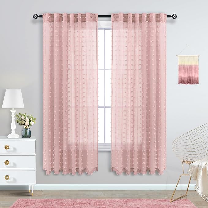 KOUFALL Blush Pink Curtains for Girls Room Baby Nursery Girl, Sheer Boho Pom - Image 2