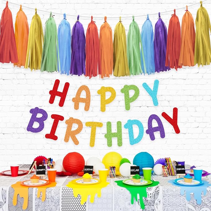 Rainbow Happy Birthday Banner and Paper Tassel Garland - Image 5