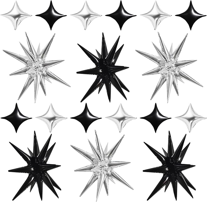 TONIFUL 18Pcs 22Inch Black Silver Large Explosion Star Mylar Balloons and by TONIFUL