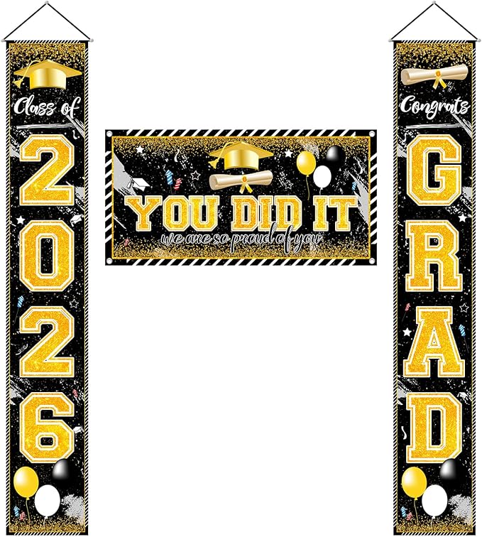 Black and Gold Graduation Decorations Class of 2026 Congrats Grad Banner Grad by Unknown