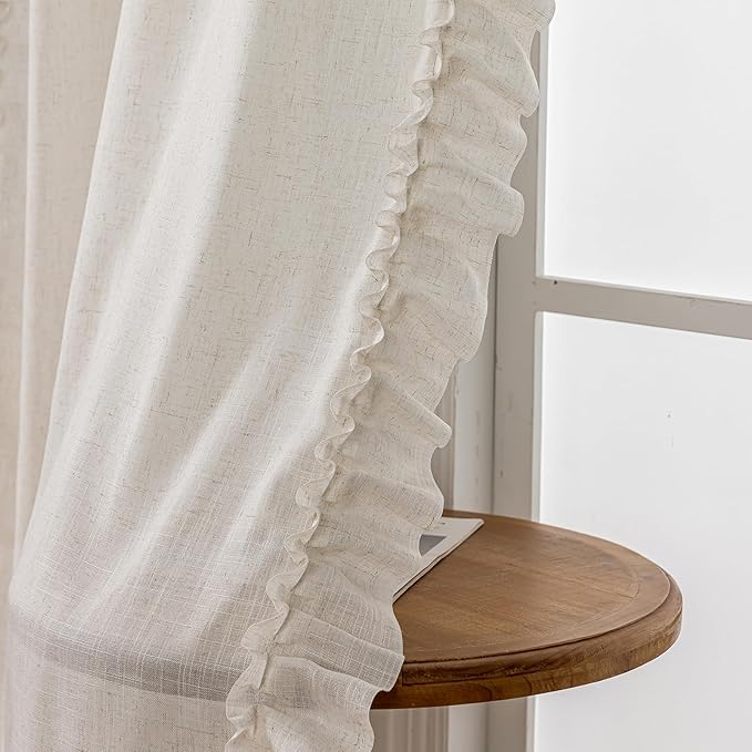 Natural Linen Curtains with Ruffled Edges Farmhouse 58 x 108 Inch 2 Panels | - Image 4