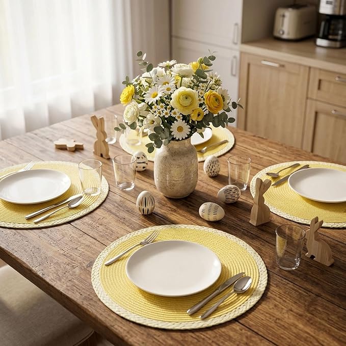 Round Placemats Set of 8, Woven Table Mats, Mint Yellow | Braided Paper Edge - Image 6