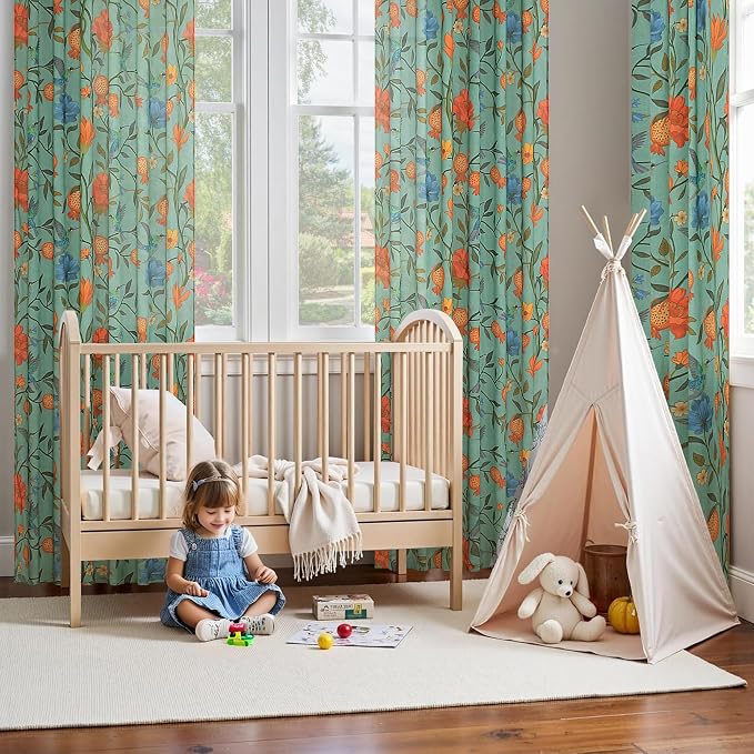 Green Boho Floral Linen Curtains Whimsical Semi Sheer Botanical Bird Block - Image 9