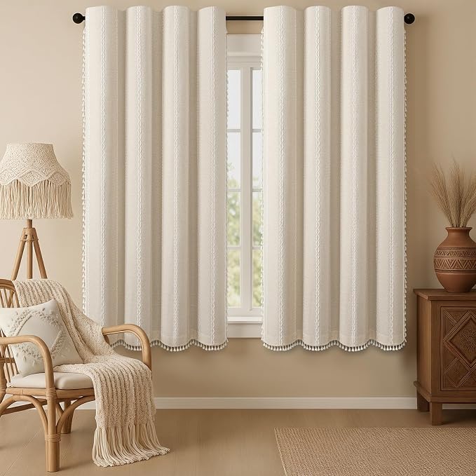 Boho 100% Blackout Curtains 63 Inch 2 Panels Linen Blend Beige | Vintage by Unknown