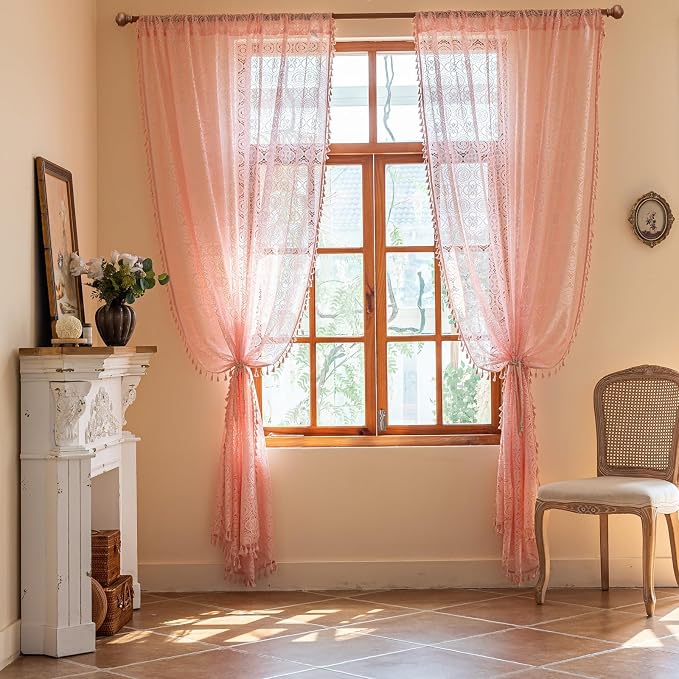 YJ YANJUN Boho Lace Curtains 84 inch 2 Panels, Light Filtering Drapes - Image 2
