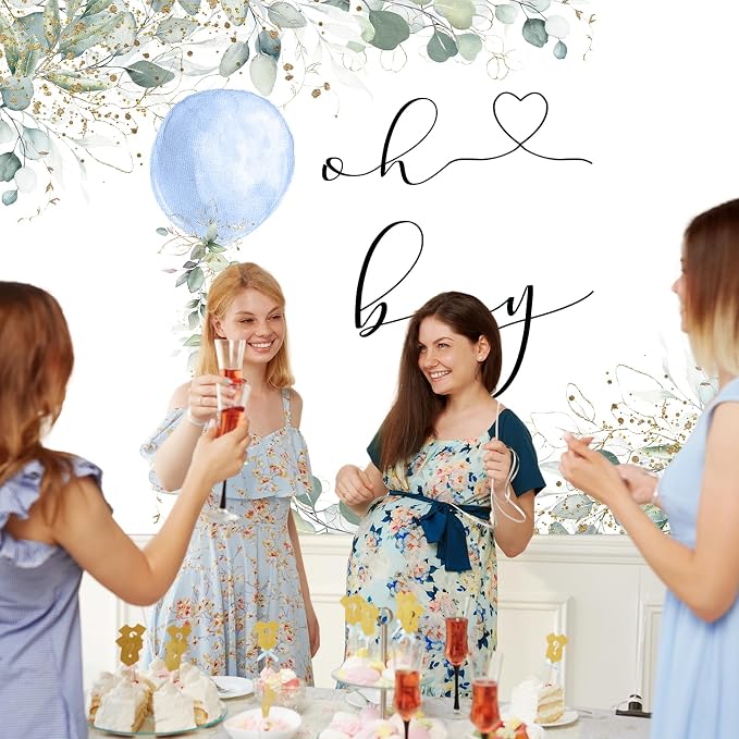 Mocsicka Oh Boy Watercolor Blue Balloon Backdrop Greenery Boy Baby Shower - Image 6