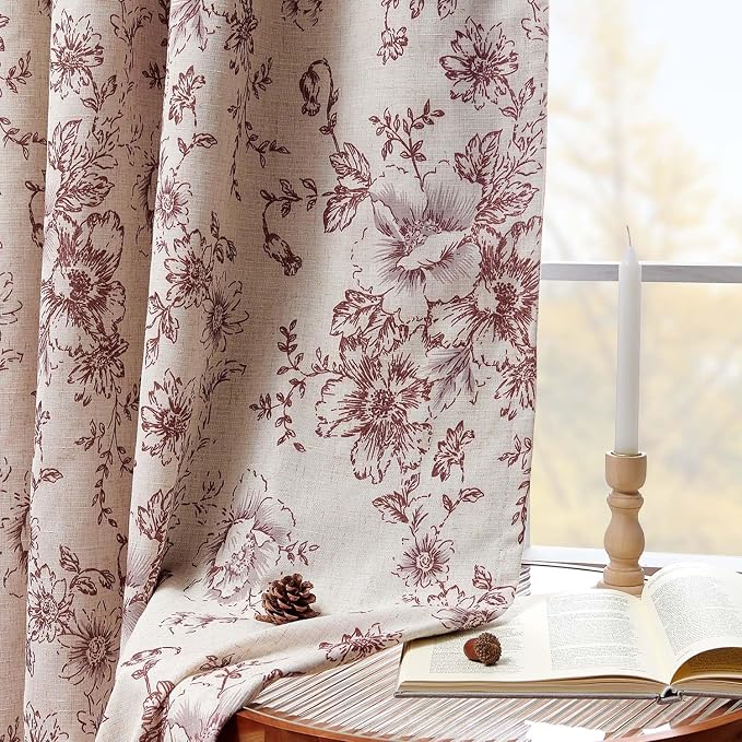 jinchan Red Floral Linen Blackout Curtains Lined 90 Inch Back Tab 2 Panels | - Image 3