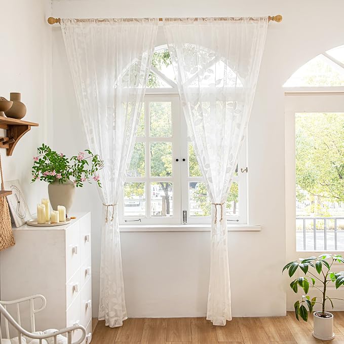 Treatmentex White Lace Sheer Curtains 63inch Vintage Leaf Knitted Window - Image 3