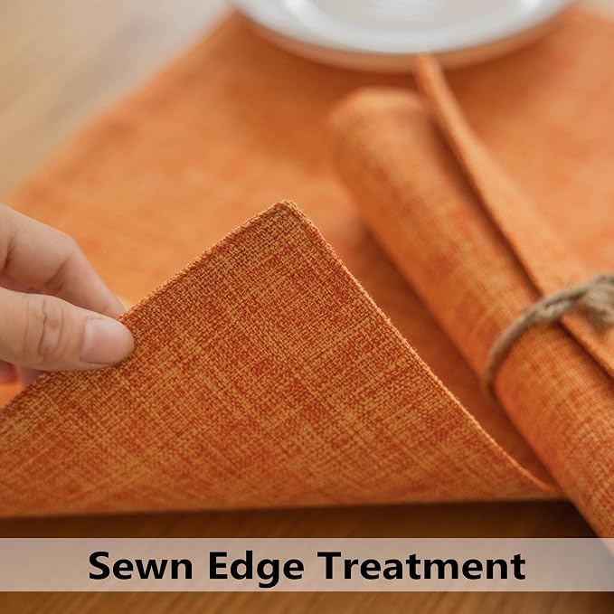 Demetex Orange Placemats Set of 8 Linen Textured Fabric Place Mats Rectangle - Image 4