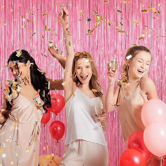 Pink Metallic Tinsel Foil Fringe Curtains, 2 Pack 3.3x8.3 Feet Party Streamer - Image 3
