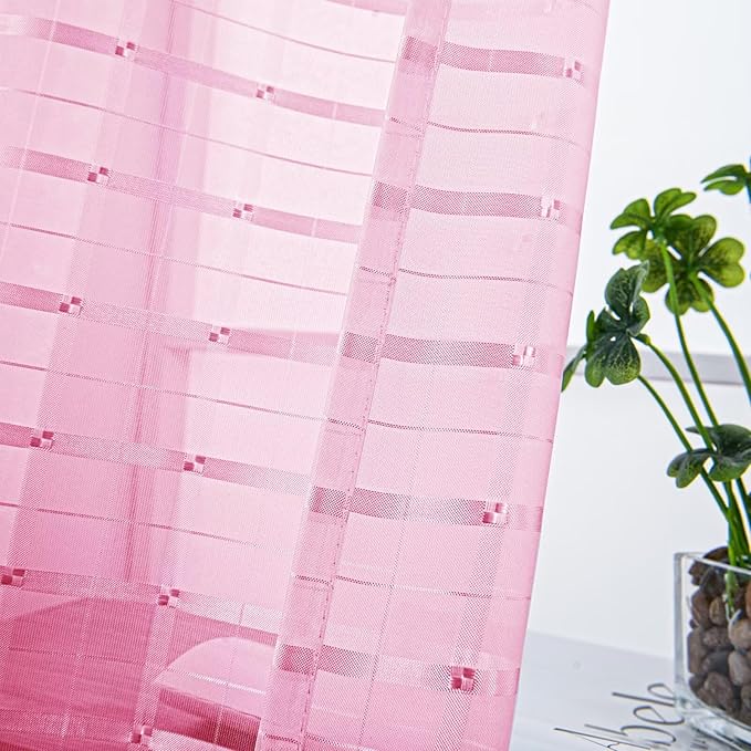 SpaceDresser Check Sheer Curtains 108 Inches 2 Panels Set, Rod Pocket Plaid - Image 2