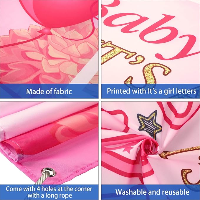 Blulu Baby Shower Backdrop It's a Girl Banner 6 x 3.6 ft Large Pink Fabric - Image 4