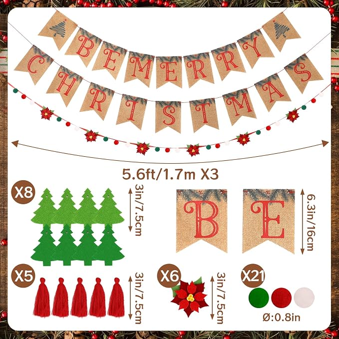 Christmas Burlap Banner and Felt Poinsettia Garland, Pre-strung Christmas - Image 4