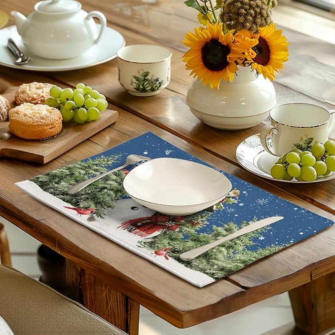 Blue Snowman Christmas Placemats Set of 4 Xmas Tree Cardinal Snowflakes Linen - Image 6
