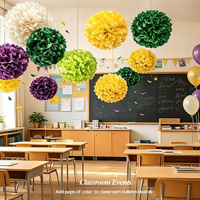 AimtoHome Mardi Gras Tissue Paper Pom Poms, Cyan Purple Green Yellow Cream - Image 4