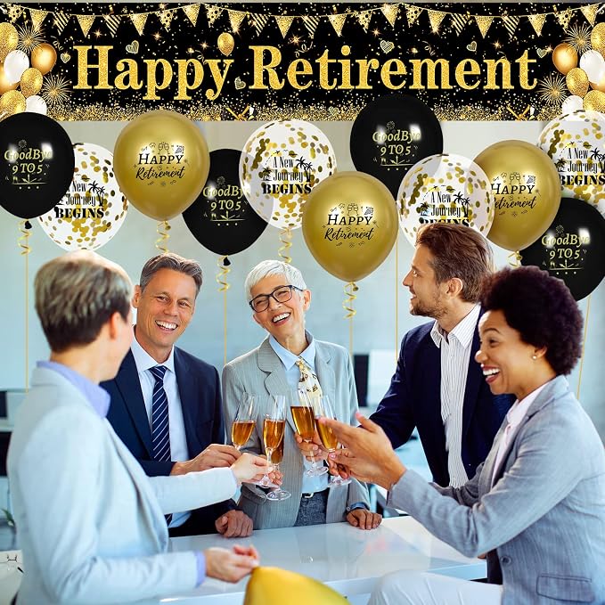 Retirement Party Decorations Black Gold Happy Retirement Banner and 18pcs - Image 4