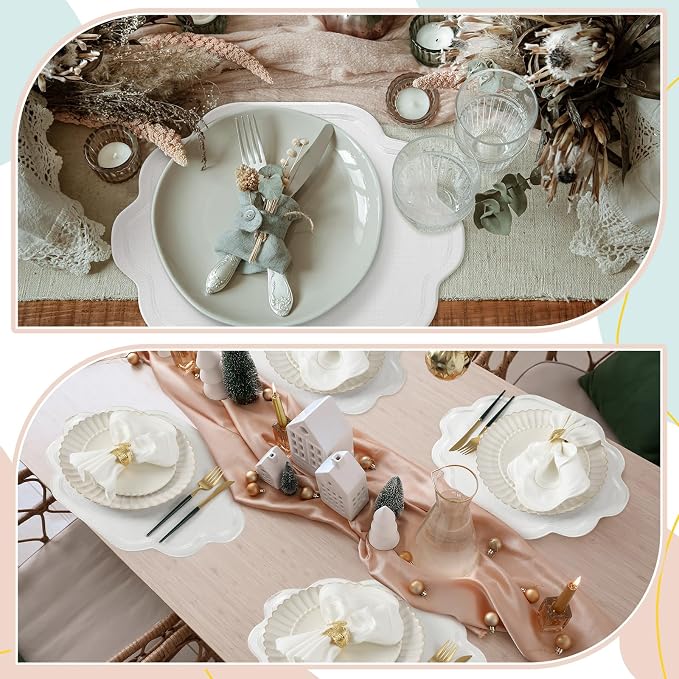 8 Pcs White Cotton Wedding Placemats Scalloped Embroidered Placemats 17" x 13" - Image 5