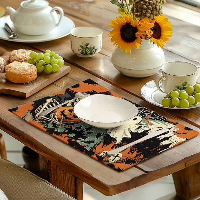 Halloween Skeleton Ghost Placemats Set of 4 12x18 Inch Spooky Pumpkin Bat Table - Image 6