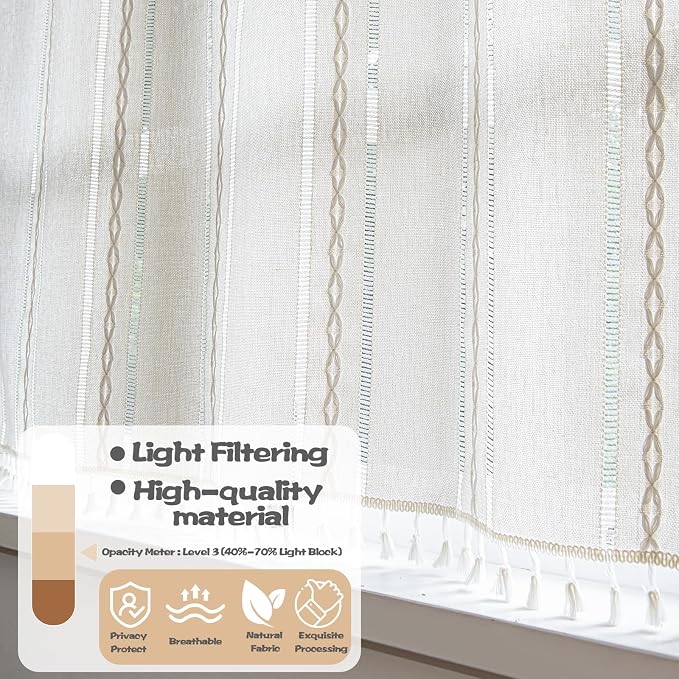 Sutuo Home Ivory Boho Curtain 52W x 18L inch White Striped Light Filtering - Image 3