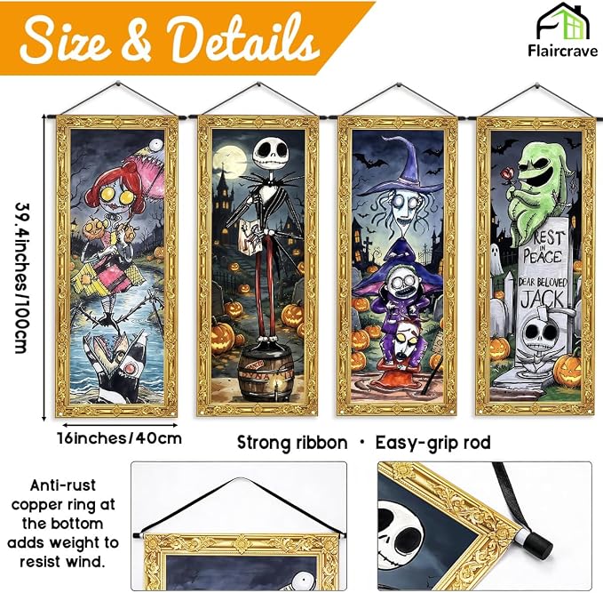 Funny Halloween Banner 4pc October Purple Skull Backdrop Sign Spider Web Party - Image 2