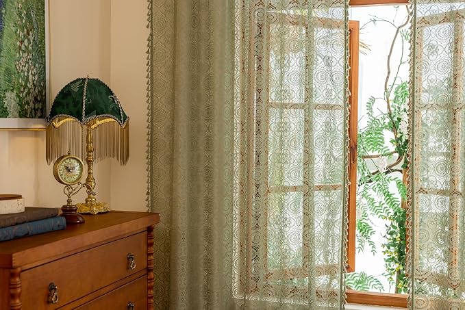 YJ YANJUN Boho Lace Curtains, Sage Green Sheer Window Panels | Geometric - Image 4