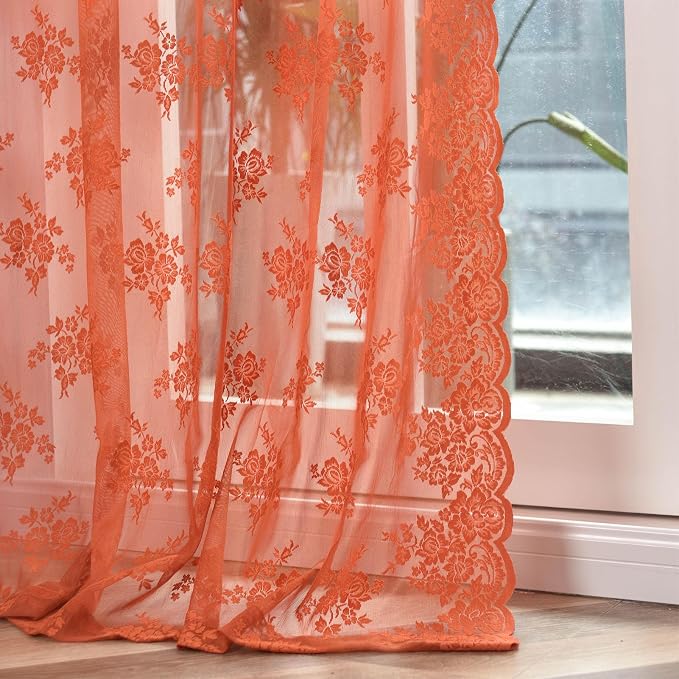 Kotile Rust Orange Lace Curtains, Vintage Rustic Floral 52x84 Inch 2 Panels | - Image 7