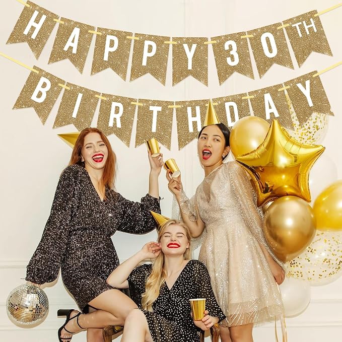 Netnology Pre-Strung Gold Glitter 30th Happy Birthday Banner Decorations | 12 - Image 6