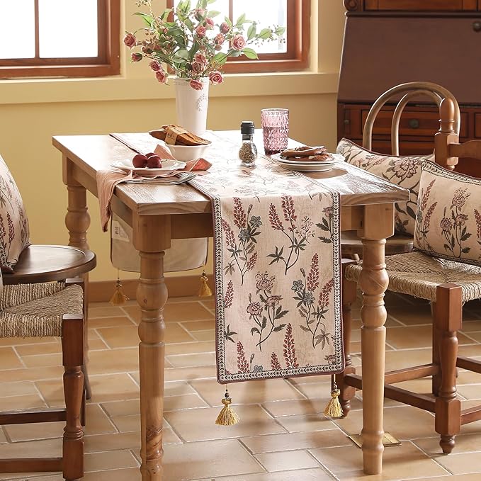 ISAENNE Designer Light Beige Linen Table Runner 102 Inches Long,Vintage Floral Wrinkle Resistant Decor Table Runners for Dining Tables,Christmas,Thanksgiving,Kitchen Tables,12"*102"-Helena A