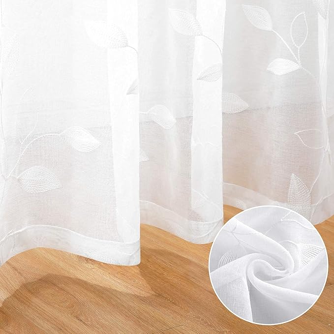 HOMEIDEAS White Sheer Curtains 52 X 63 Inches Length 2 Panels Embroidered Leaf - Image 5