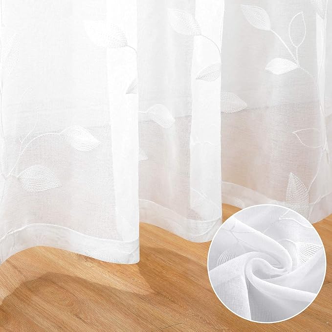 HOMEIDEAS White Sheer Curtains 52 X 84 Inches Long 2 Panels Embroidered Leaf - Image 5