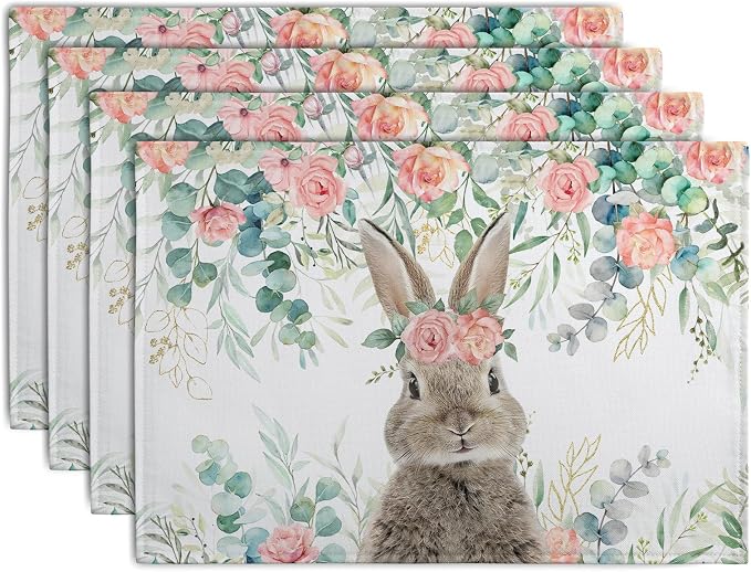 Easter Bunny Placemats Set of 4 Eucalyptus Leaves Rabbit Rose Place Mats 12x18 by Wnoesat