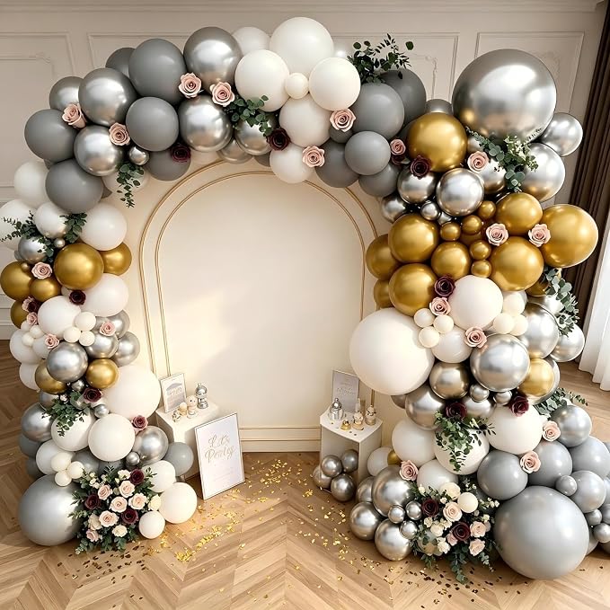 143Pcs Sand White Grey Metallic Silver Gold Balloon Garland Arch Kit | Latex - Image 4