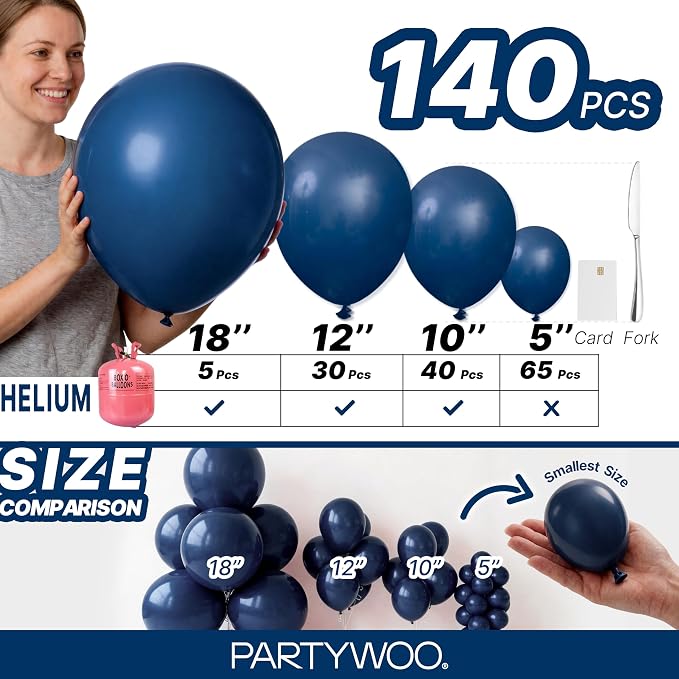 PartyWoo Navy Blue Balloons 140pcs Dark Blue Color 18 12 10 5 Inch | 18 12 10 5 - Image 6