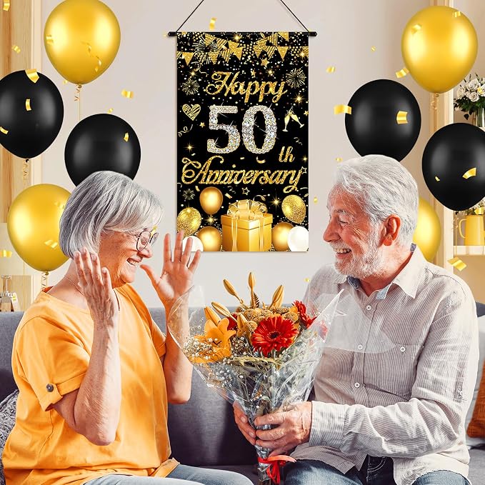 50th Anniversary Decorations Small Banner Black Gold Happy 50th Anniversary - Image 2