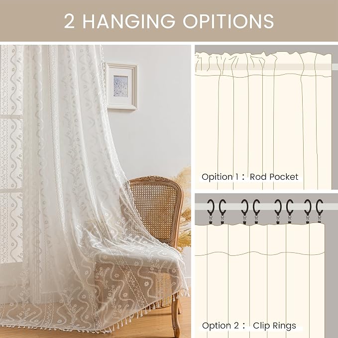 WAZZIO Boho Lace Curtains 2 Panels 45 Inches -Cute Vintage Victorian Sheer - Image 7