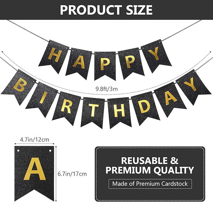 Clabby Glitter Black Happy Birthday Banner - Image 2