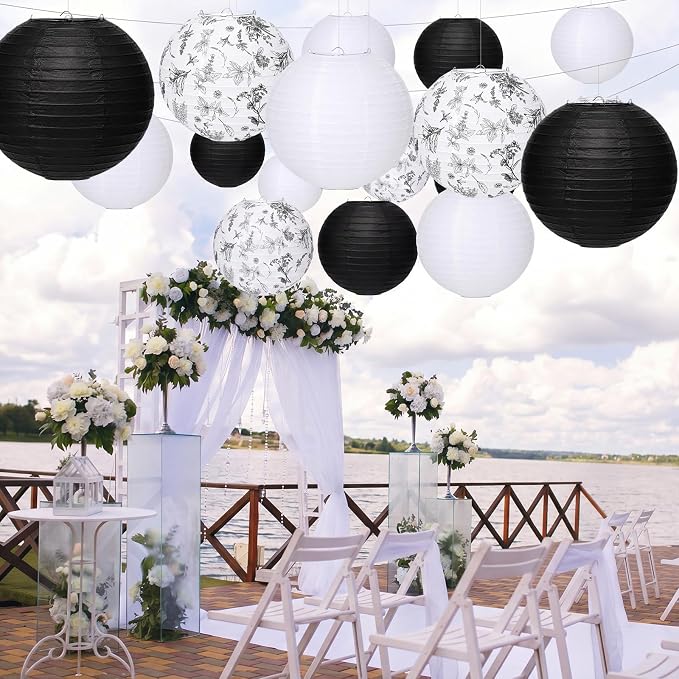 Riakrum 18 Pcs Floral Paper Lantern Set 10" 8" Black and White Round Lantern - Image 4