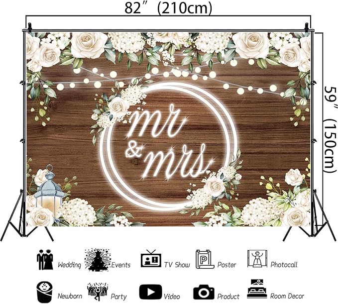 Mr and Mrs Wedding Backdrop Banner Decorations 7x5Ft | Rose Floral Wooden - Image 5