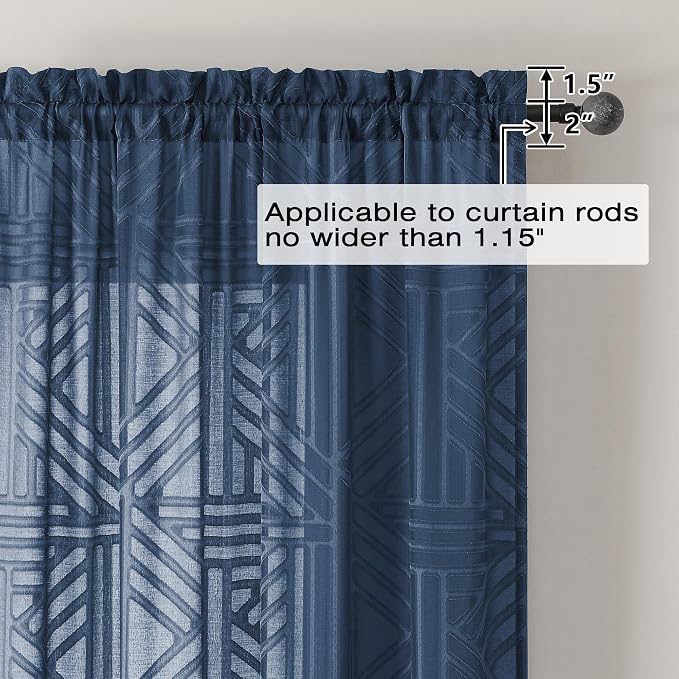 Simplebrand Navy Blue Semi Sheer Curtains 54 Inch Length 2 Panels, Geometric - Image 4