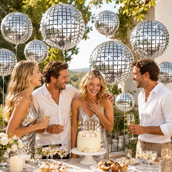 12Pcs Disco Ball Balloons Foil, Giant Metallic Silver Disco Balloons - Image 4