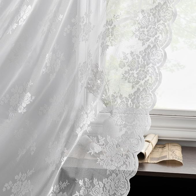 Kotile White Lace Kitchen Curtains Rustic Floral W42 x L45 Inch, 2 Panels | Rod - Image 5
