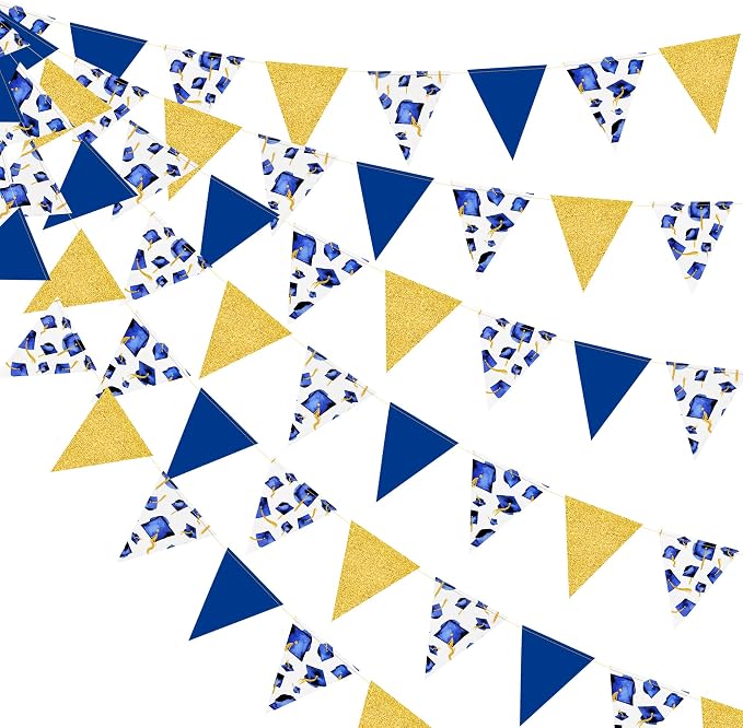 Navy Gold Graduation Decorations 2026 Blue Gold Grad Hat Cap Banner Triangle by pinkblume