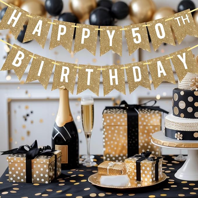 Netnology Pre-Strung Gold Glitter 50th Happy Birthday Banner Decorations | 12 - Image 5