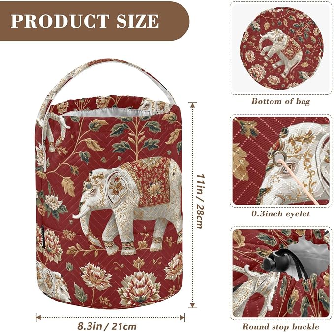 Red Floral Retro Elephants Yarn Bag Small Crochet Bag Drawstring Yarn Storage - Image 3
