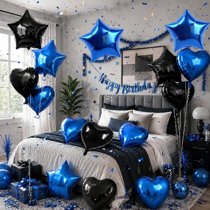 TONIFUL 18 Inch Black Blue Star and Heart Foil Balloons - Image 6