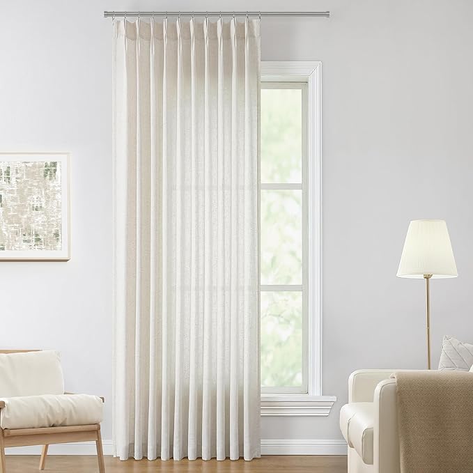 Vision Home Natural Pinch Pleated Semi Sheer Curtains Textured Linen Blended Light Filtering Window Curtains 112 inch for Living Room Bedroom Patio Pinch Pleat Drapes with Hooks 1 Panel 60" Wx112 L