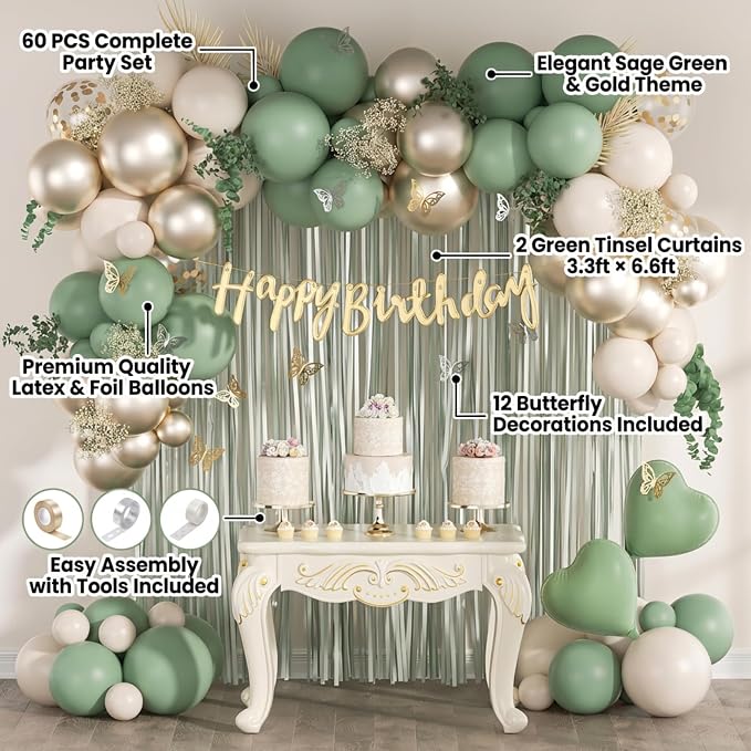 Sage Green Balloon Arch Kit 58pcs, 12in Green and White Balloons - Image 3