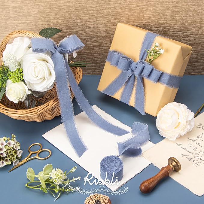 Ribbli 3 Rolls Dusty Blue Ribbon 1 Inch x 18 Yards Handmade Cotton Frayed - Image 3