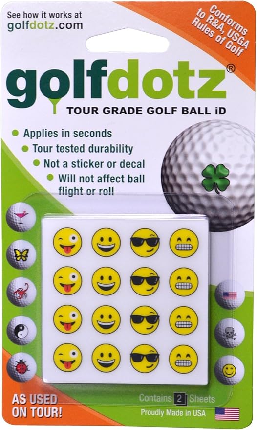 Golfdotz - USGA Rule Conforming Golf Ball Markers, Golf Ball Stickers for Marking Balls, No More Smearing from Stamps, Gifts for Golfers, Dads, and Retirees, (Emoji Collection; 24-32 Count)